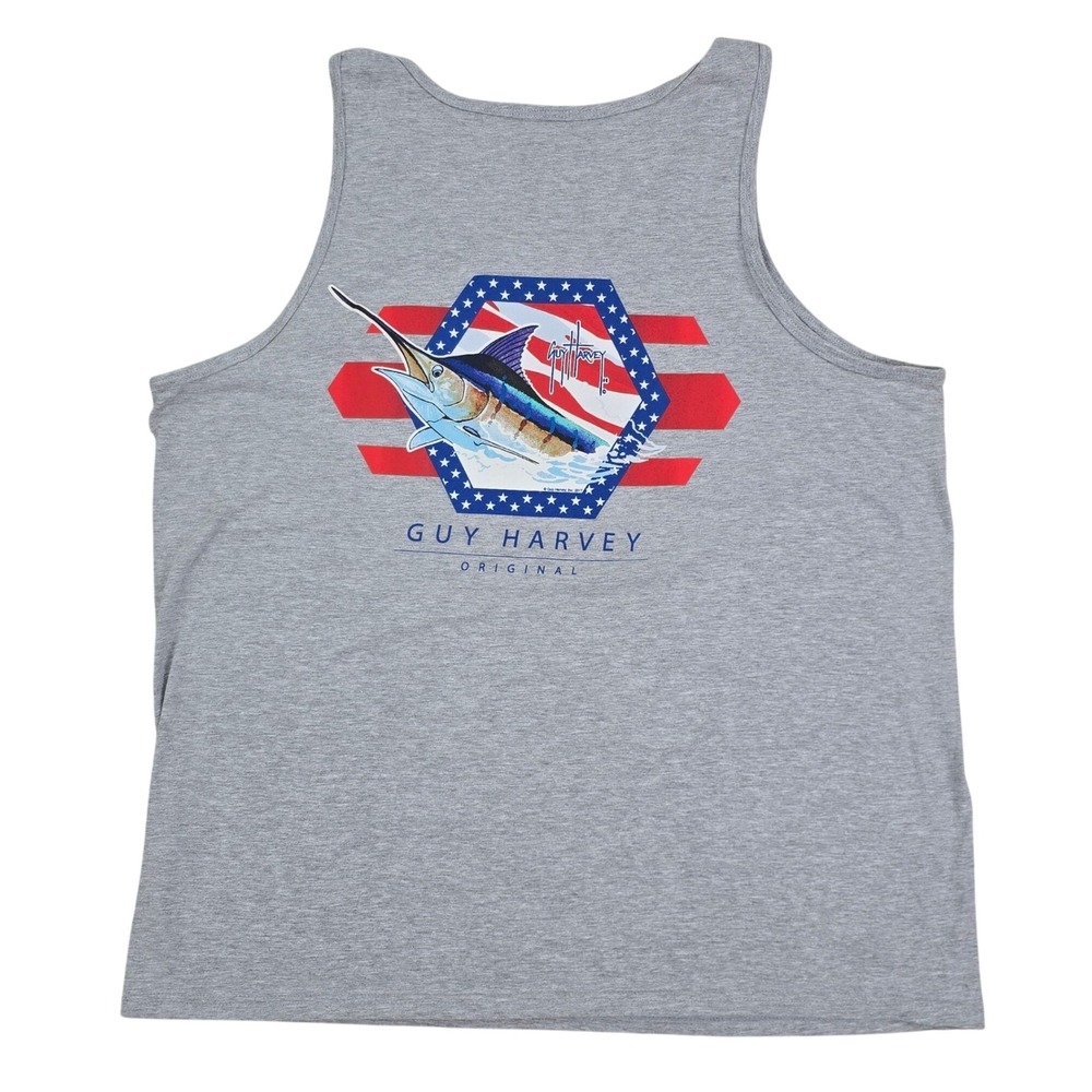 Guy Harvey Marlin Patriotic Tank Top Mens XL Gray American Flag Fishing Graphic